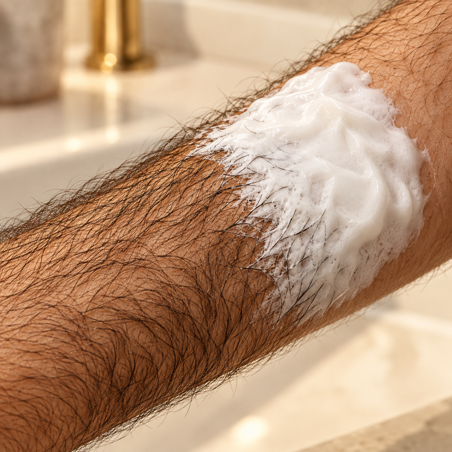 Illustrative close-up of mousse on body hair
